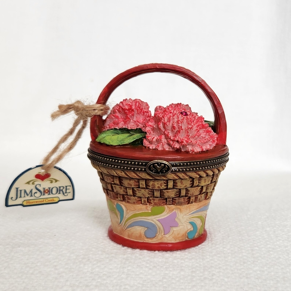 Jim Shore 2012 January Carnation and Garnet Floral Basket Trinket Box, New w/Tag